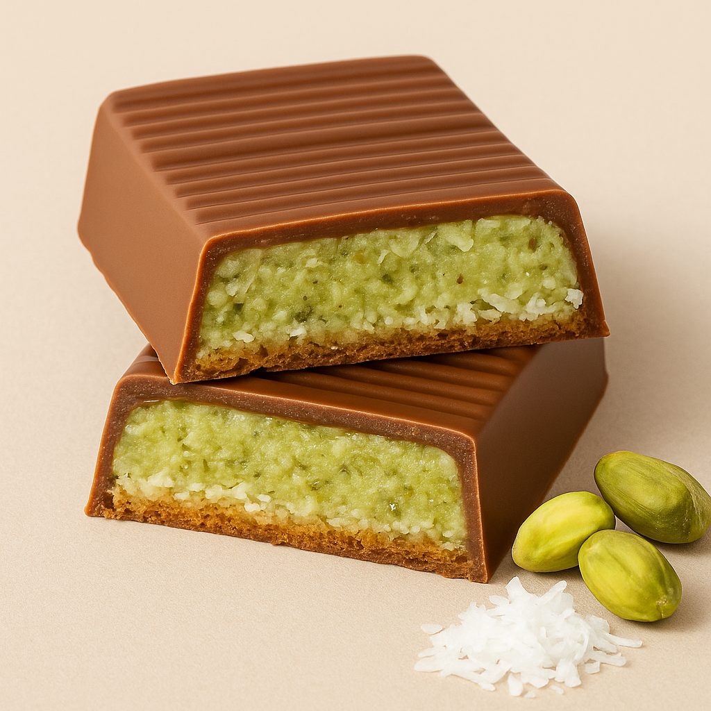Pistachio coconut crunch bar with chocolate coating on a beige background