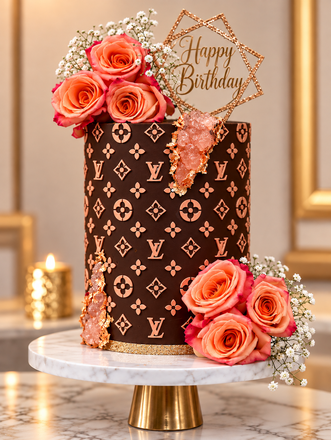 LV stenciled cake